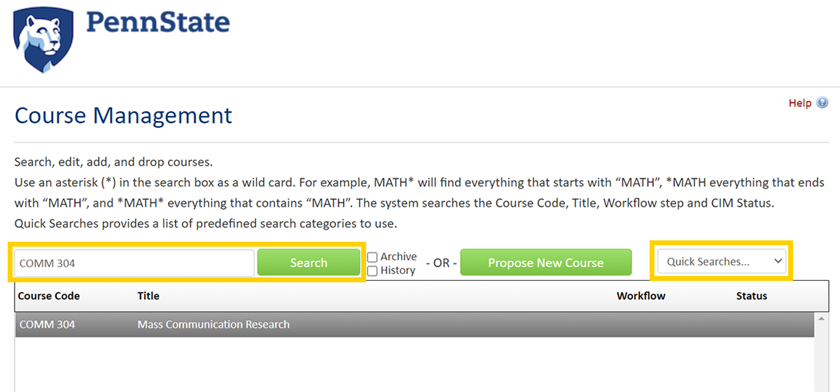 Screenshot of the CourseLeaf CIM Course Management dashboard search course features.