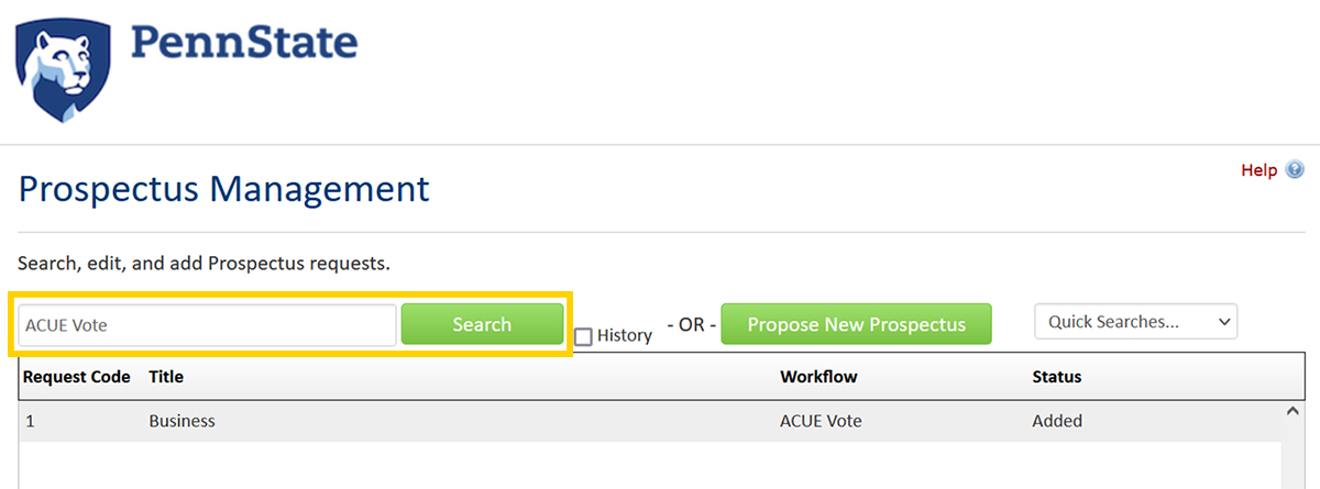 Screenshot of the CourseLeaf CIM Prospectus Management dashboard search function.