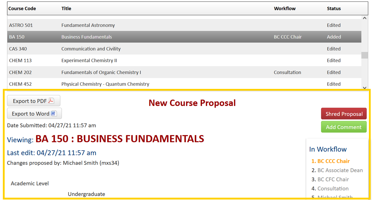 Screenshot of the CourseLeaf CIM Course Management dashboard proposal preview.