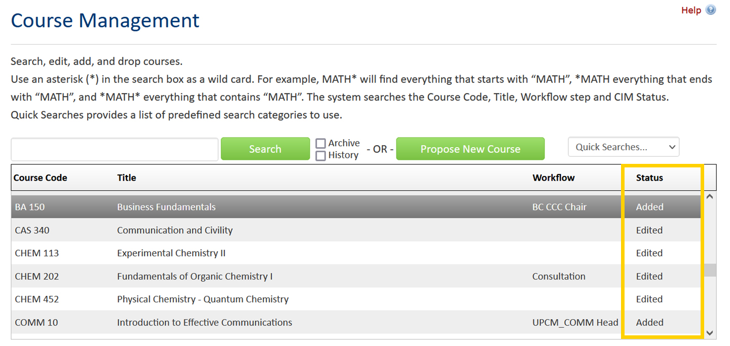 Screenshot of the CourseLeaf CIM Course Management dashboard proposal status column in the results table.