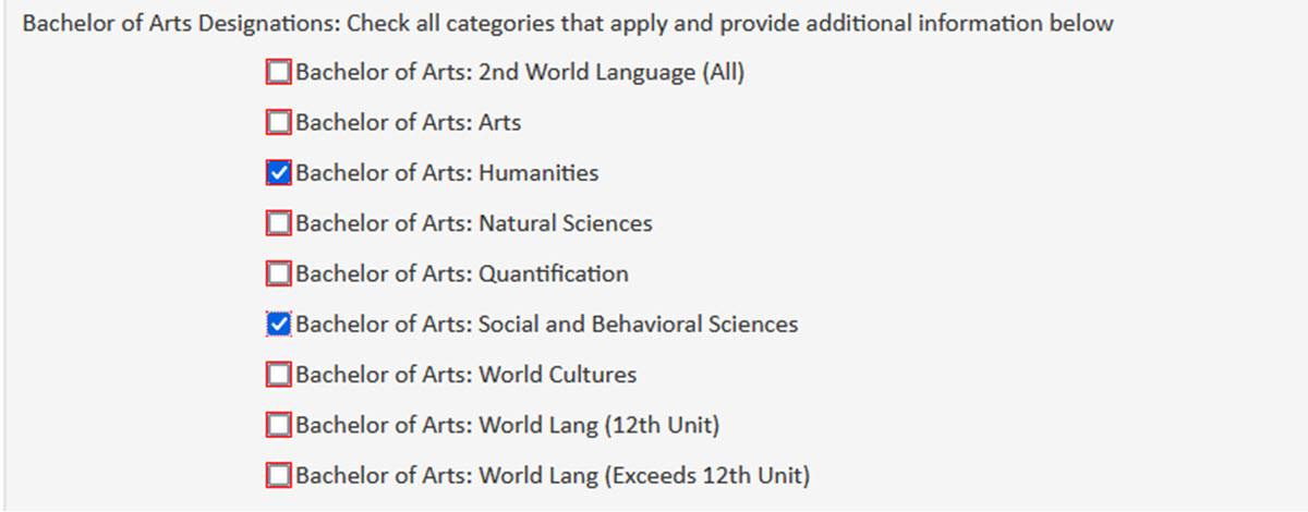 Screenshot of the CourseLeaf CIM Course Proposal Bachelor of Arts Attribute Designation form field.