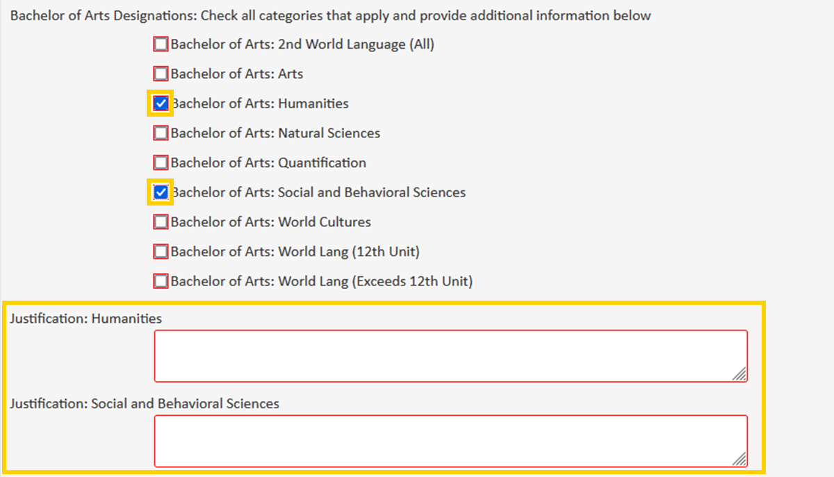 Screenshot of the CourseLeaf CIM Course Proposal Bachelor of Arts Attribute Justification form field.