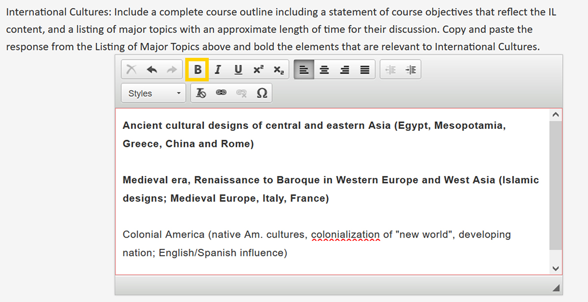 Screenshot of the CourseLeaf CIM Course Proposal International Cultures Attribute course outline form field.