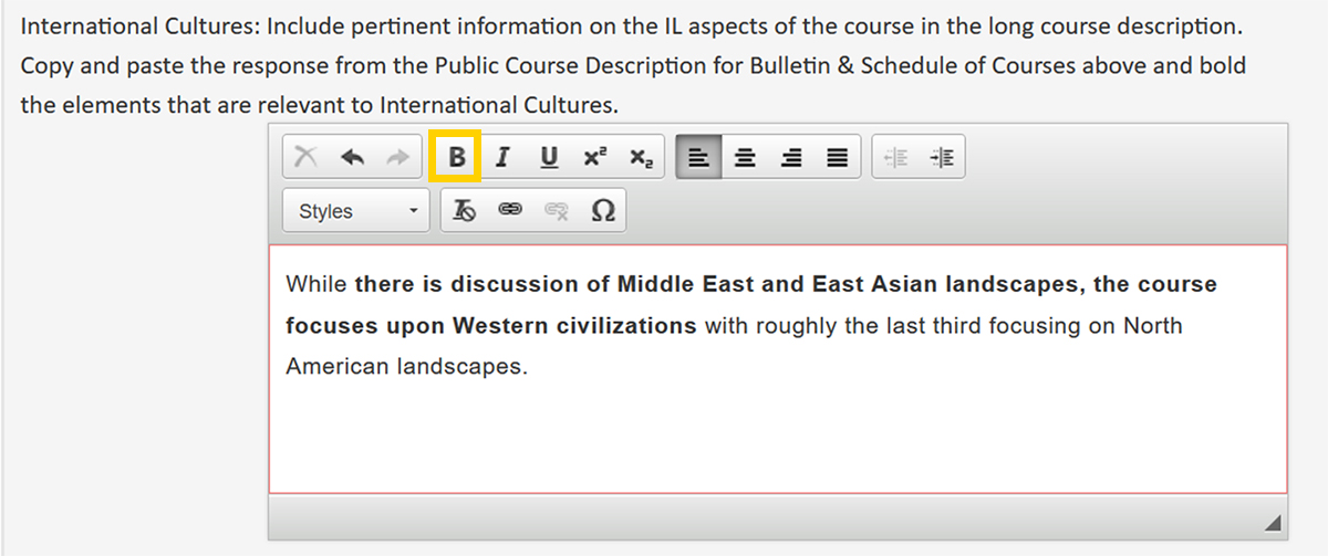 Screenshot of the CourseLeaf CIM Course Proposal IL Cultures Attribute IL aspects of the course form field.