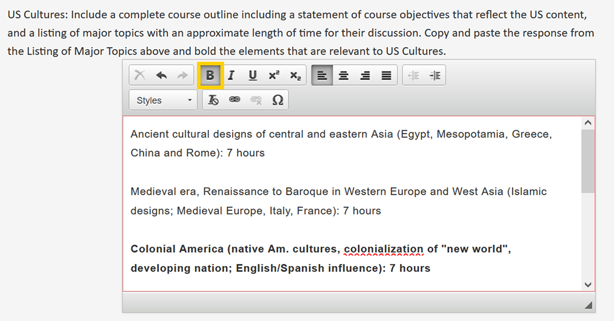 Screenshot of the CourseLeaf CIM Course Proposal US Cultures Attribute course outline form field.