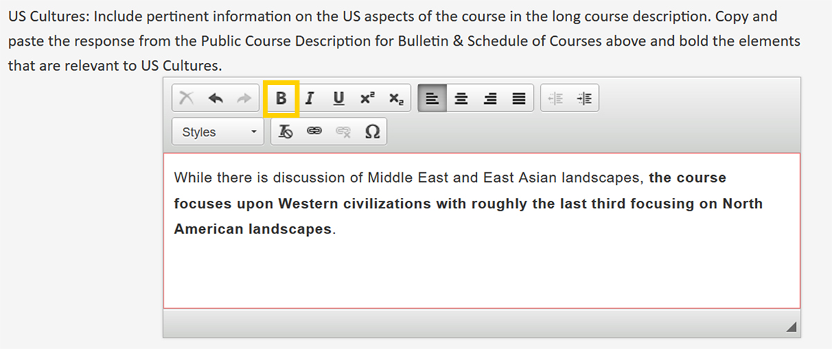 Screenshot of the CourseLeaf CIM Course Proposal US Cultures Attribute US aspects of the course form field.