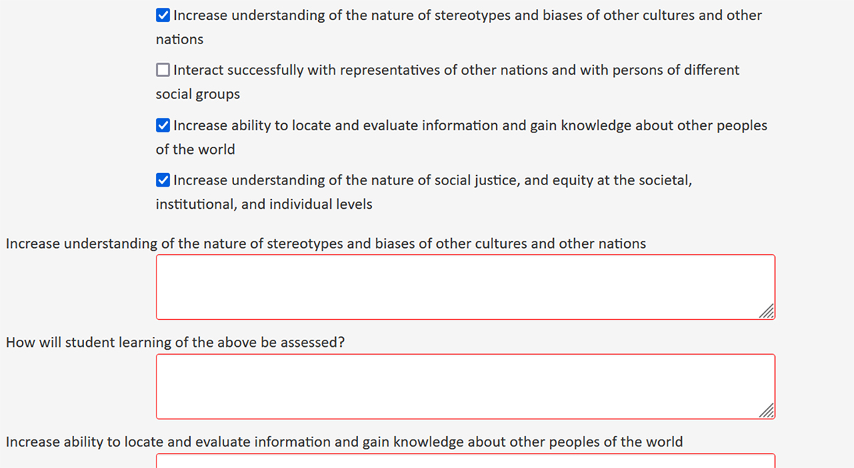 Screenshot of the CourseLeaf CIM Course Proposal US Cultures Attribute US criterion of the course form field.