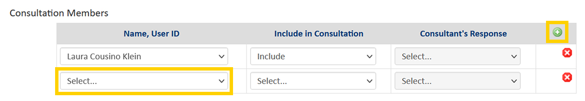 Screenshot of the CourseLeaf CIM Course Proposal Consultation - add new row button.