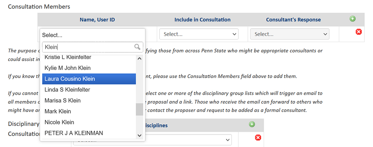 Screenshot of the CourseLeaf CIM Course Proposal Consultation - add name tool.
