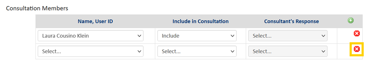 Screenshot of the CourseLeaf CIM Course Proposal Consultation - delete row button.