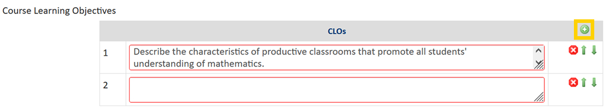 Screenshot of the CourseLeaf CIM Course Proposal Course Learning Objectives form field row adding feature.