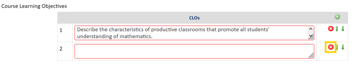 Screenshot of the CourseLeaf CIM Course Proposal Course Learning Objectives form field row deletefeature.