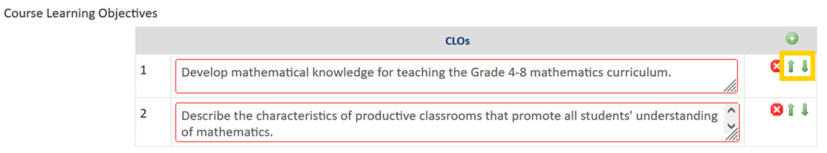 Screenshot of the CourseLeaf CIM Course Proposal Course Learning Objectives form field row move up and down feature.
