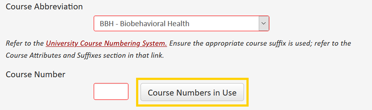 Screenshot of the CourseLeaf CIM Course Proposal course number not in use button.