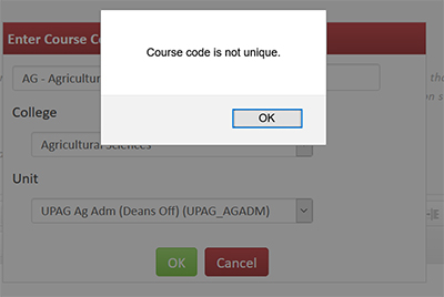 Screenshot of the CourseLeaf CIM Course Proposal Cross-Listed Courses course code is not unique error.