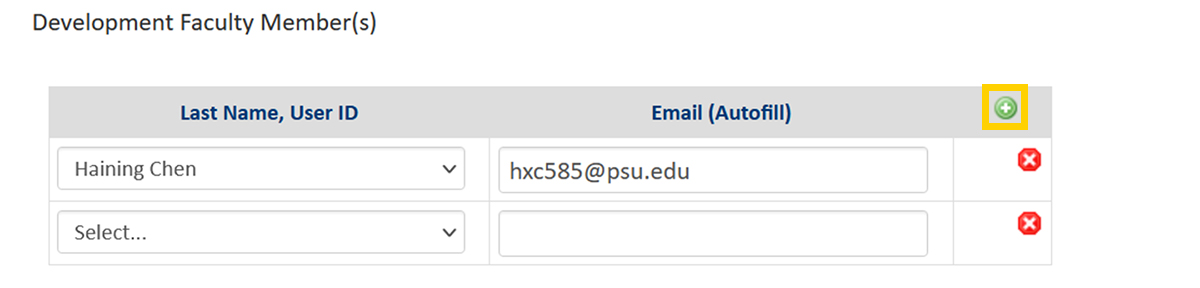 Screenshot of the CourseLeaf CIM Course Proposal development faculty member form field add a row feature.