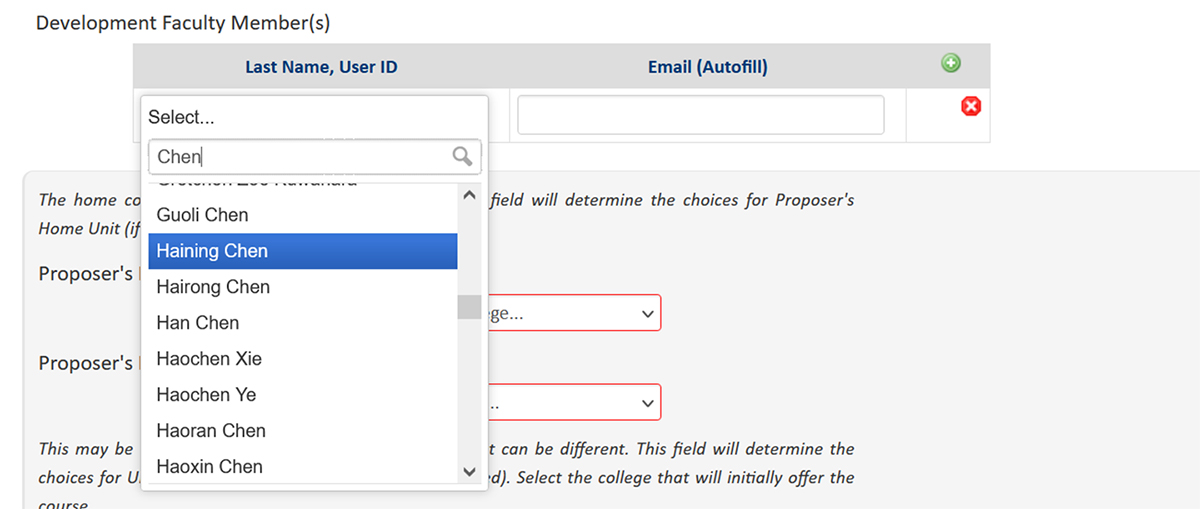 Screenshot of the CourseLeaf CIM Course Proposal development faculty member form field.
