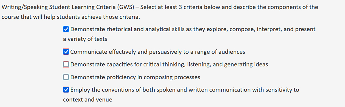 Screenshot of the CourseLeaf CIM Course Proposal General Education Foundation Designation - Choose Foundation criteria form field.