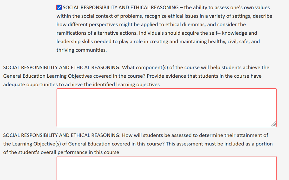 Screenshot of the CourseLeaf CIM Course Proposal General Education objectives form field.