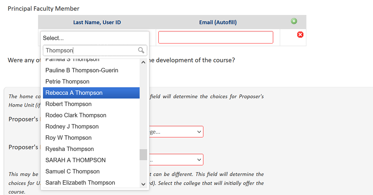 Screenshot of the CourseLeaf CIM Course Proposal principal faculty member form field.