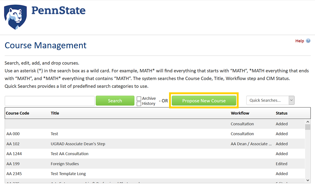 Screenshot of the CourseLeaf CIM new course proposal button.