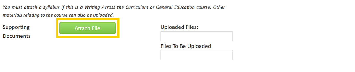 Screenshot of the CourseLeaf CIM Course Proposal Supporting Documents form field - attach documents button.