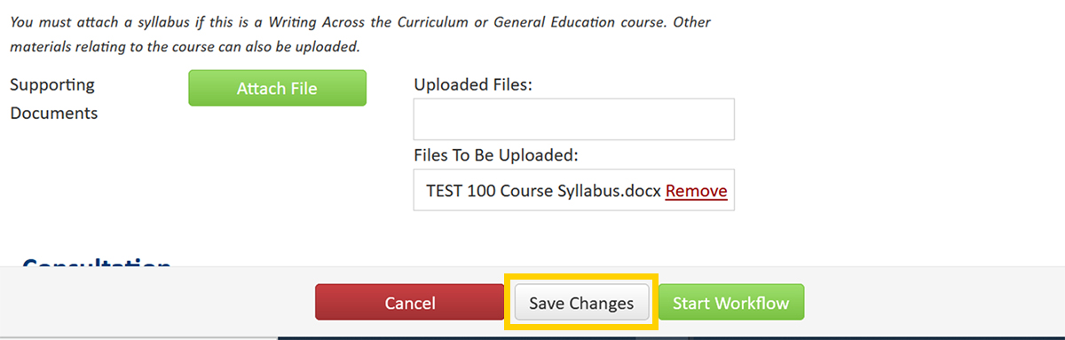 Screenshot of the CourseLeaf CIM Course Proposal Supporting Documents form field - Save Changes button.
