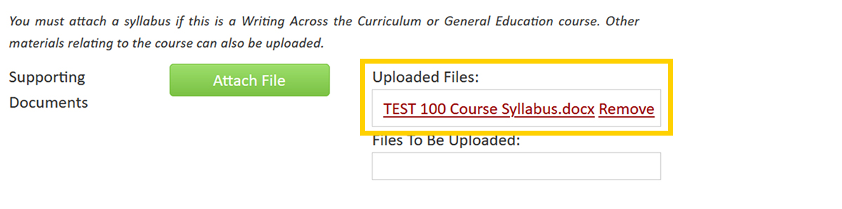 Screenshot of the CourseLeaf CIM Course Proposal Supporting Documents form field - Uploaded Files box.