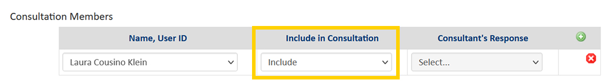 Screenshot of the CourseLeaf CIM Course Form consultation include/exclude form field.