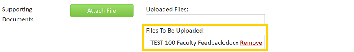 Screenshot of the CourseLeaf CIM Course Proposal Supporting Documents form field - Files to be Uploaded box.
