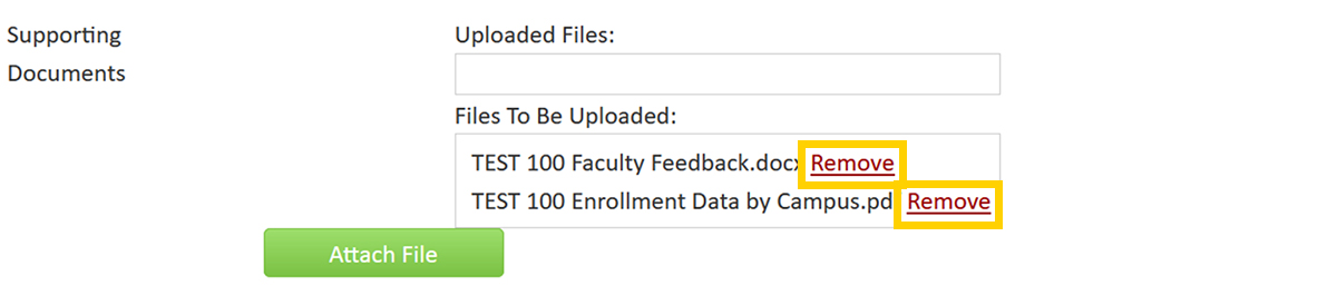 Screenshot of the CourseLeaf CIM Course Proposal Supporting Documents form field - remove file button.