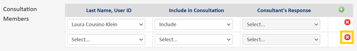 Screenshot of the CourseLeaf CIM Program Proposal Consultation - delete row button.