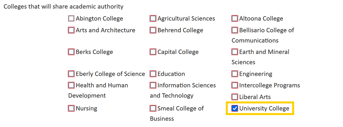 Screenshot of the CourseLeaf CIM Prospectus Request Academic Authority Sharing form field.