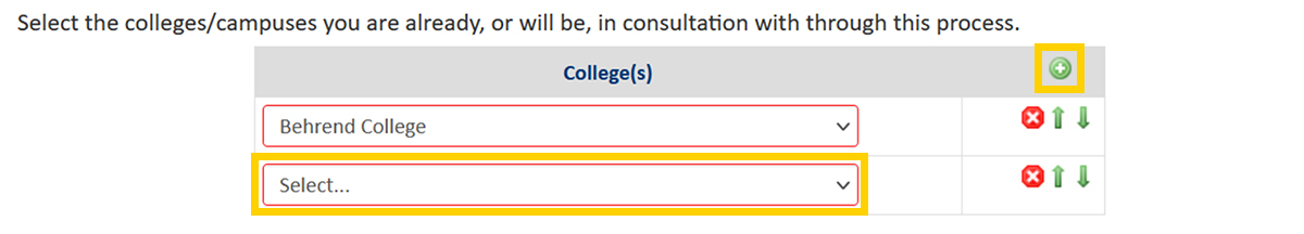 Screenshot of the CourseLeaf CIM Prospectus Request Consultation form field with add row button highlighted.