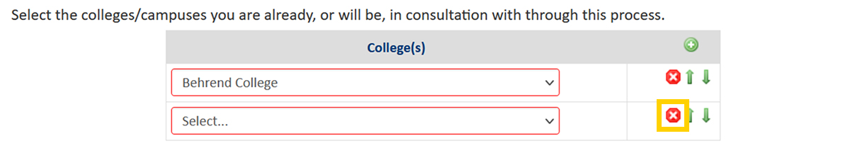 Screenshot of the CourseLeaf CIM Prospectus Request Consultation form field with delete row button highlighted.