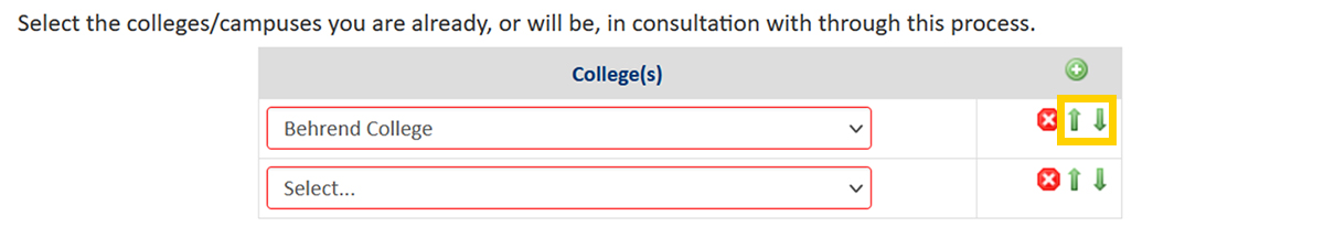 Screenshot of the CourseLeaf CIM Prospectus Request Consultation form field with move row button highlighted.