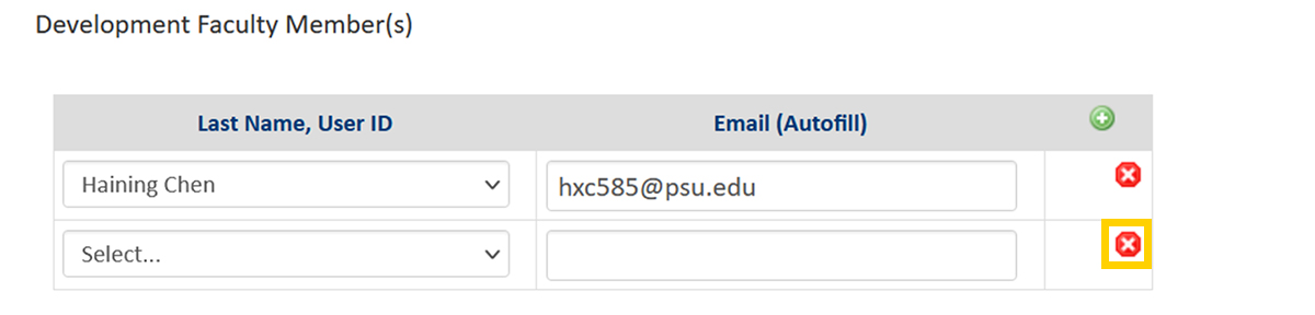 Screenshot of the CourseLeaf CIM Prospectus Request development faculty member form field delete a row feature.