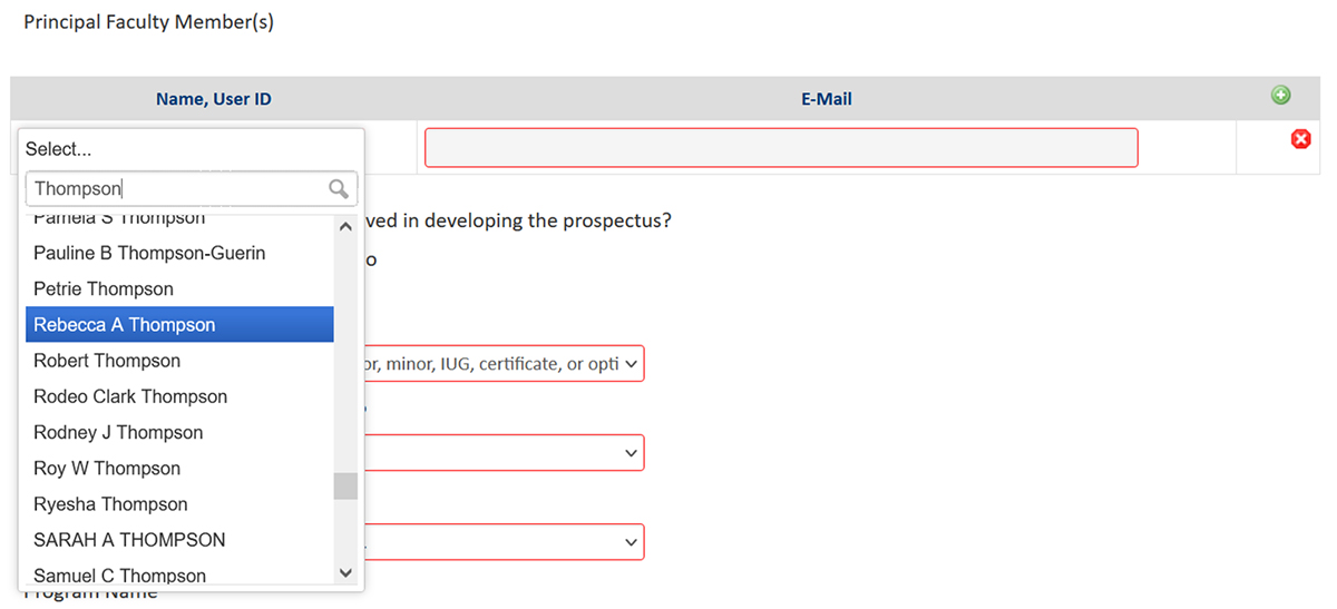 Screenshot of the CourseLeaf CIM Prospectus Request principal faculty member form field.