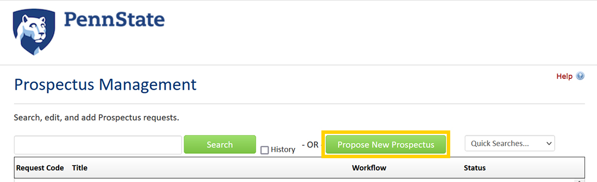 Screenshot of the CourseLeaf CIM new prospectus button.